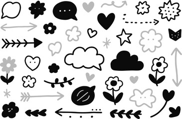 Poster - Collection of hand drawn doodle icons including hearts flowers clouds arrows and speech bubbles isolated on transparent background