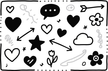 Poster - Collection of hand drawn doodle elements including hearts stars flowers and speech bubble isolated on transparent background