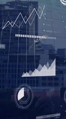 Poster - Animation of multiple graphs, trading boards, loading circle and bars over modern city against sky