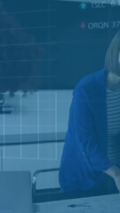 Poster - Animation of stock market data processing over diverse man and woman discussing at office