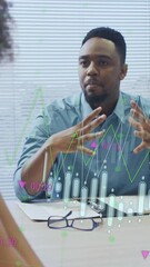 Poster - Animation of multiple graphs and changing numbers, diverse coworkers sharing ideas in office