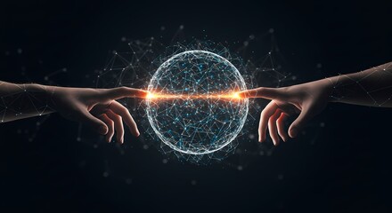 Humanity's connection to technology, a symbolic touch creating a futuristic global network of artificial intelligence