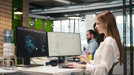 Fototapete - Female technician using AI LLM chatbot to automate tasks in office. IT specialist uses artificial intelligence large language model assistant, optimizing company systems performance, camera A