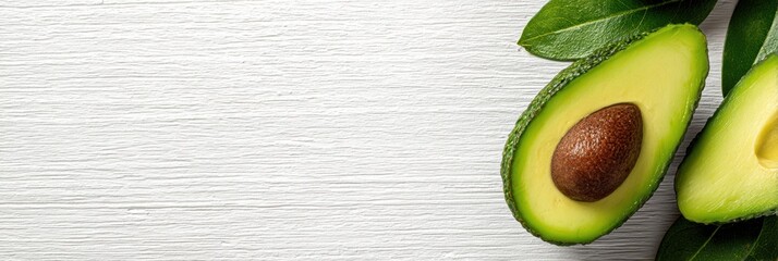 Poster - Sliced Avocado and Fresh Greens Arranged on a Wooden Surface With Ample Space for Text on the Right Side
