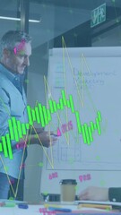 Poster - Animation of statistical data processing against caucasian man giving a presentation at office
