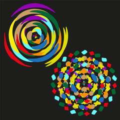 Poster - Spiral confetti pattern. Abstract geometric Vector. Dynamic colorful illustration. Dark background art.