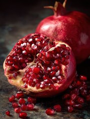 Poster - Juicy Pomegranate Split Open Revealing Vibrant Red Seeds Spilling out Under Soft Side Light in a Clear Setting