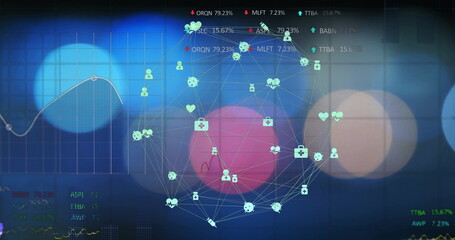 Poster - Displaying network graph on screen, with nodes, molecular icons and percentage curve