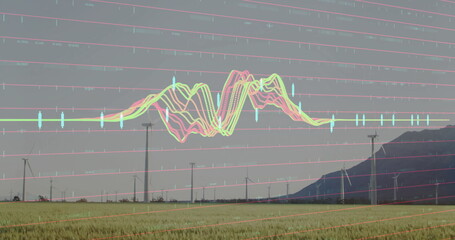 Poster - Neon-colored wavy lines forming graph in farmland and mountain ridge, wind turbines and grid lines