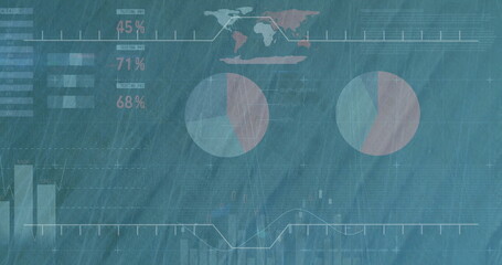 Poster - Displaying analytics dashboard on screen, with world map, two pie charts, bar chart, line graph