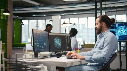 Fototapete - Programmer testing generative AI machine learning algorithms and listening music at work. IT expert wearing headphones scaling productivity with AI large language model written code, camera A