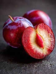 Poster - Ripe Plum With Bright Sliced Core Showcasing a Glowing, Mystical Appearance Against a Clean Dark Backdrop for an Enchanting Visual Experience