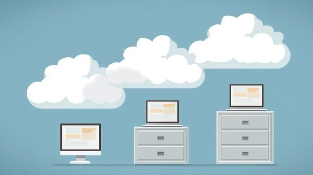 Cloud storage illustrated with computers and filing cabinets.