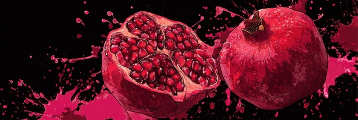 Poster - Juicy Pomegranate Cracked Open With Stylized Red Splatter Creating an Energetic and Vibrant Composition
