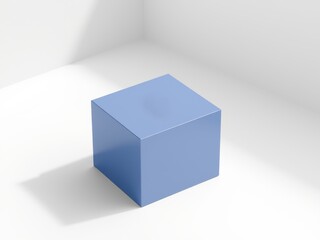 Poster - A single light blue cube sitting on a white surface with a white background and soft shadows around it