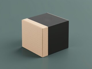Poster - A minimalist cube with black and beige sides on a muted green background in a studio setting
