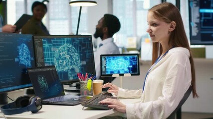 Poster - IT expert in high tech startup office uses neural networks to develop artificial intelligence models. Female engineer uses AI to run tasks across devices, monitoring progress on screens, camera A