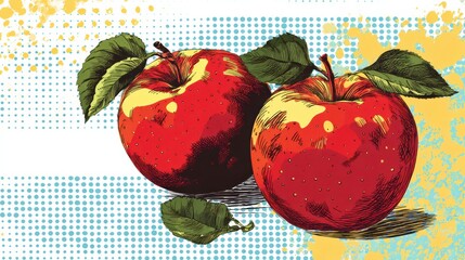 Poster - Stylized Flat Design Apples With Retro Halftone Texture Showcasing Vibrant Colors and Distinct Leaves on a Blank Upper Layout