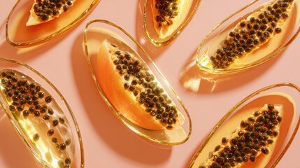 Poster - Floating Papaya Slices in Golden Gel Create a Minimalistic Composition With Ample Untouched Space for a Serene Visual Experience
