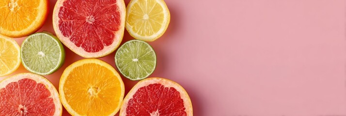 Poster - Vibrant Citrus Fruits Create a Striking Geometric Arrangement Against a Soft Pastel Backdrop With Ample Negative Space Above