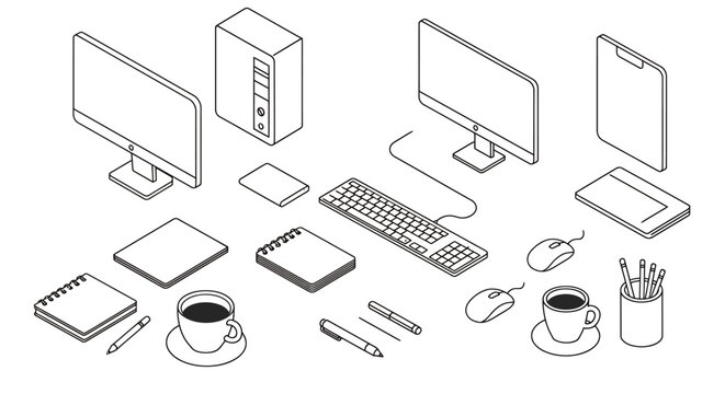 Isometric Workspace Illustration with Computer, Keyboard, and Office Supplies