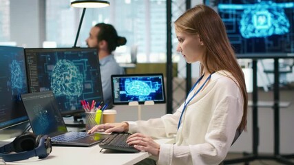 Poster - Junior dev in office relies on AI tech to run tasks across multiple devices, monitoring progress on screens. Young worker uses neural networks to develop artificial intelligence models, camera A