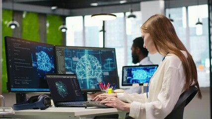 Poster - Junior developer in office integrating AI machine learning systems to streamline workflows. Young employee uses neural networks artificial intelligence, technology overload concept, camera A