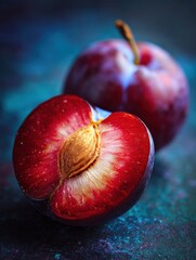 Poster - Ripe Plum Sliced Open With Glowing Core in a Mystical and Dark-Toned Setting