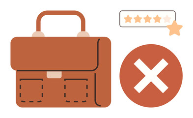 Poster - Brown business briefcase alongside a review rating with one star removed and a bold cross mark, signifying negative feedback, rejection, or low performance. Ideal for critique, evaluation, rating