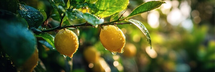 Poster - Lemon Tree Branch Close-Up Illuminated by Soft Backlight Showcasing Vibrant Lemons and Refreshing Droplets at Dawn