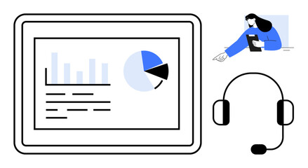Poster - Tablet with data analytics chart, headset for communication, and person with clipboard discussing information. Ideal for remote work, analysis, customer support, teamwork, service industry