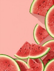 Poster - Colorful Watermelon Slices Arranged in a Geometric Pattern on a Soft Pink Background With an Empty Space on the Right