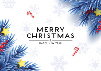 Fototapete - Merry Christmas greeting clipart border design. Merry Christmas and happy new year text clip art with blue fir leaves, holly berries and star decoration elements in snowflakes white background 