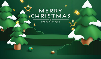 Wall Mural - Merry Christmas greeting clipart background design. Christmas and New year podium clipart with paper cut and snowy pine tree elements in green background for xmas holiday product display banner design