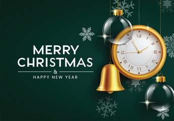 Wall Mural - Merry Christmas greeting card clipart design. Merry Christmas and happy new year card template with hanging gold xmas clock, bell and transparent balls elements in green snowflakes background clip art