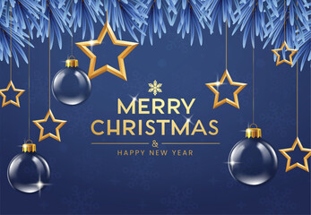 Wall Mural - Merry Christmas greeting card clipart design. Merry Christmas and happy new year text with blue fir tree leaves border design, hanging transparent xmas balls and gold stars elements clip art 
