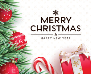 Fototapete - Merry Christmas greeting clipart border design. Merry Christmas and happy new year greeting card template with fir leaves, red xmas balls, gift box and candy cane decoration elements clip art  