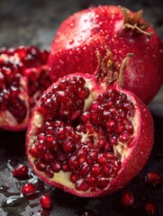 Poster - Juicy Pomegranate Split Open With Glistening Red Seeds Highlighted by Soft Side Light on a Dark Surface