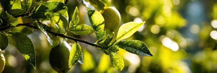 Poster - Lemon Tree Branch Illuminated by Backlight With Vibrant Green Leaves and Bokeh Effect Captured in a Serene Garden Setting