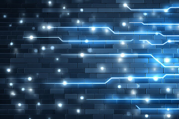 Poster - Abstract Digital Background With Glowing Lines and Particles on a Dark Wall