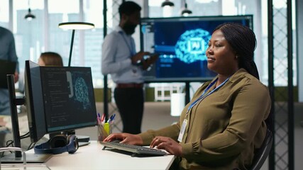 Poster - Female admin using AI neural networks tech on computer to optimize performance and forecast issues. Woman in office training artificial intelligence deep learning models using PC, camera A