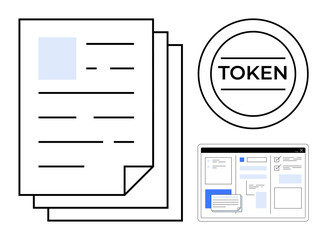 Poster - Documents with text layout, circular token, digital interface window showcasing workflow. Ideal for digital data, blockchain, authentication, paperwork, security, technology simple flat metaphor