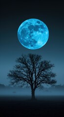 blue moon and tree silhouetted create a serene and mysterious scene for an atmospheric and dreamy ni