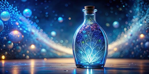 Wall Mural - enchanted glass bottle with luminescent tree and sparkling celestial dust on a dark wooden surface