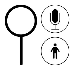 Poster - Magnifying glass for search, microphone for voice command, and person icon in simplistic circles. Ideal for search tool, voice technology, user-centric design, communication, accessibility, AI