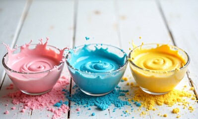 Poster - Vibrant pink, blue, and yellow liquids splash from glass bowls on a white wooden surface, creating a dynamic display of color.