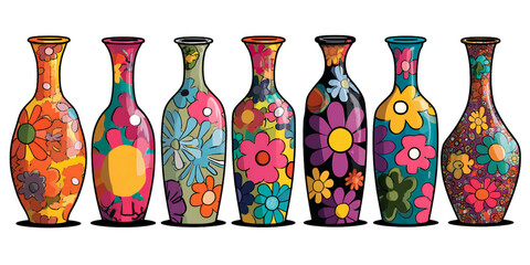 Poster - Colorful Vases With Various Floral Design Patterns Displayed on Transparent Background Retro Aesthetic, PNG
