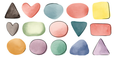 Poster - Colorful Watercolor Spots and Shapes Collection with Hearts Circles Triangles and Rectangles on Transparent Backdrop for Graphic Design and Creative Elements, PNG