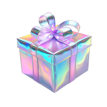 Holographic gift box with iridescent ribbon and bow isolated on transparent background