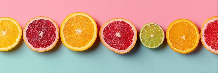 Poster - Vibrant Citrus Fruits Arranged in Geometric Pattern on Soft Pastel Background With Upper Third Free for Creativity and Design